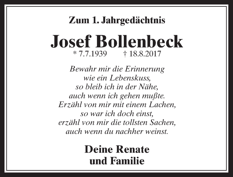  Traueranzeige für Josef Bollenbeck vom 22.08.2018 aus  Werbepost 