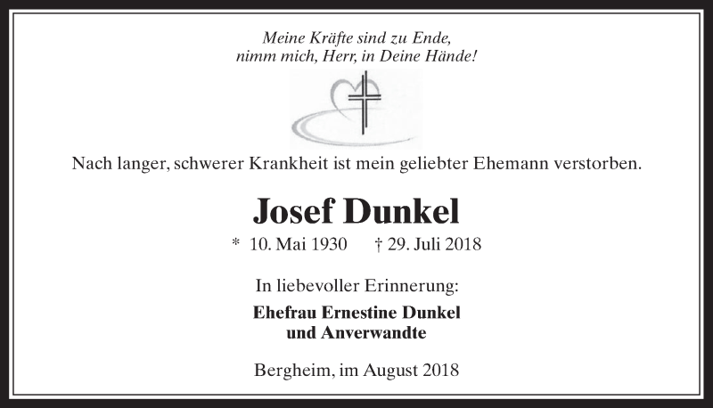  Traueranzeige für Josef Dunkel vom 08.08.2018 aus  Werbepost 