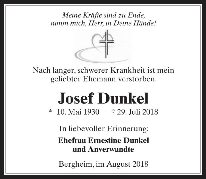  Traueranzeige für Josef Dunkel vom 29.08.2018 aus  Werbepost 