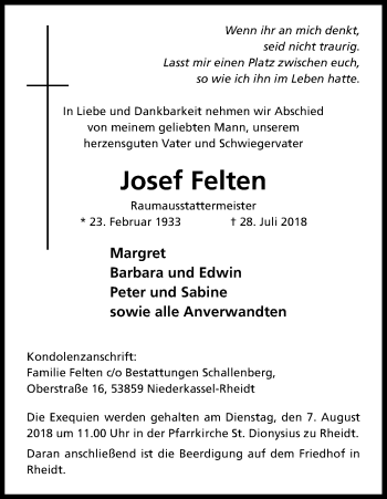 Anzeige von Josef Felten von Kölner Stadt-Anzeiger / Kölnische Rundschau / Express