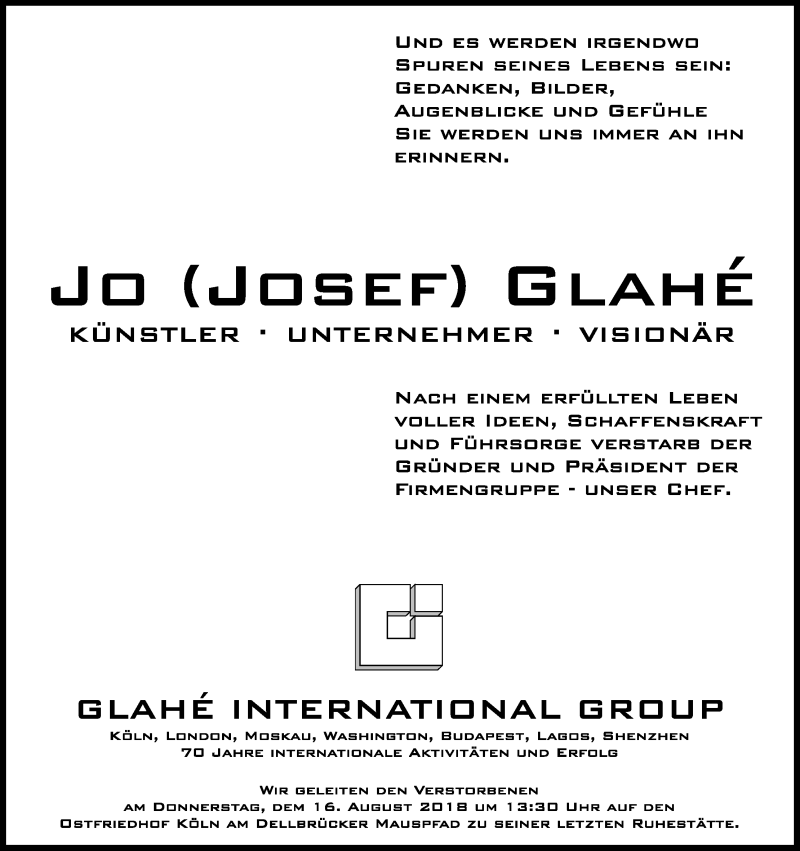  Traueranzeige für Josef Glahé vom 11.08.2018 aus Kölner Stadt-Anzeiger / Kölnische Rundschau / Express