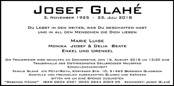Anzeige von Josef Glahé von Kölner Stadt-Anzeiger / Kölnische Rundschau / Express