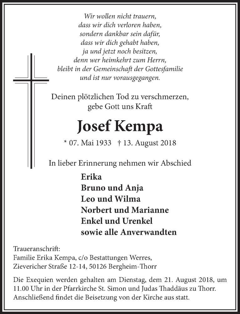  Traueranzeige für Josef Kempa vom 18.08.2018 aus  Sonntags-Post 