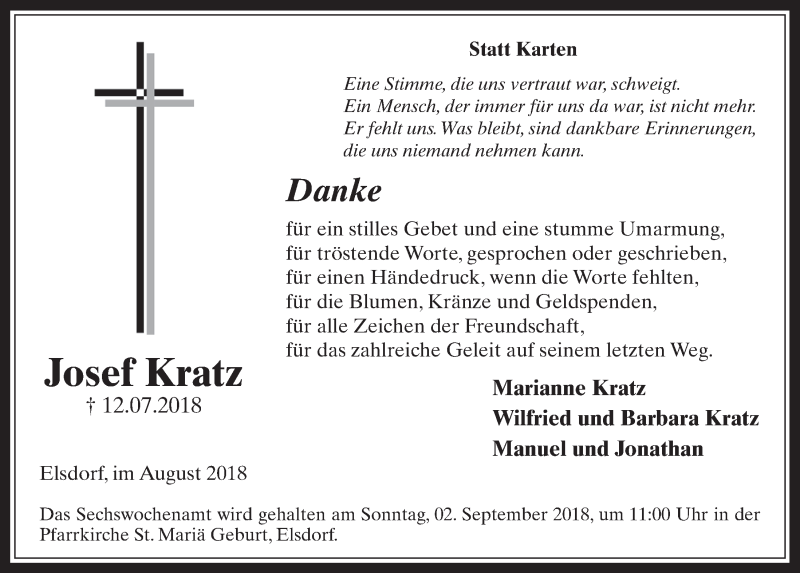  Traueranzeige für Josef Kratz vom 29.08.2018 aus  Werbepost 