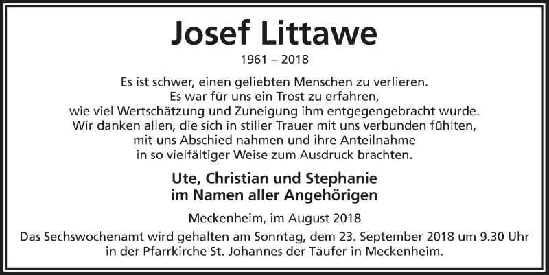  Traueranzeige für Josef Littawe vom 01.09.2018 aus  Schaufenster/Blickpunkt am Wochenende 