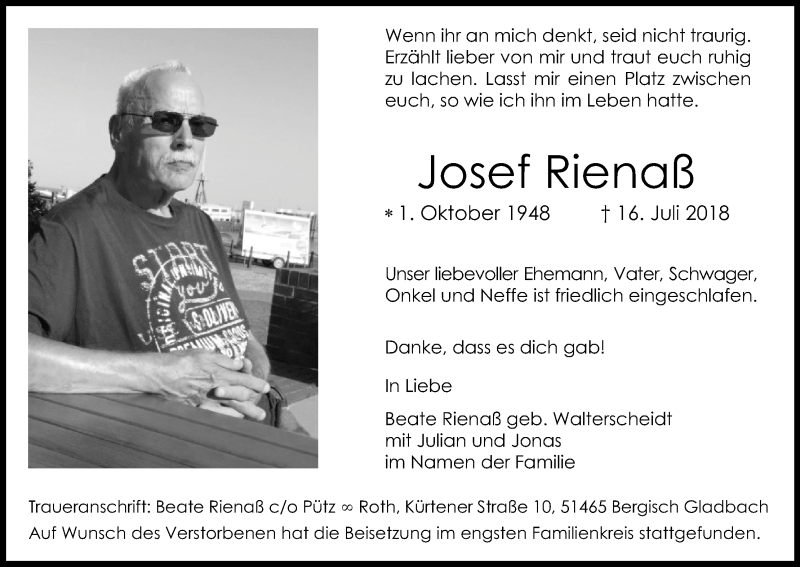  Traueranzeige für Josef Rienaß vom 04.08.2018 aus Kölner Stadt-Anzeiger / Kölnische Rundschau / Express