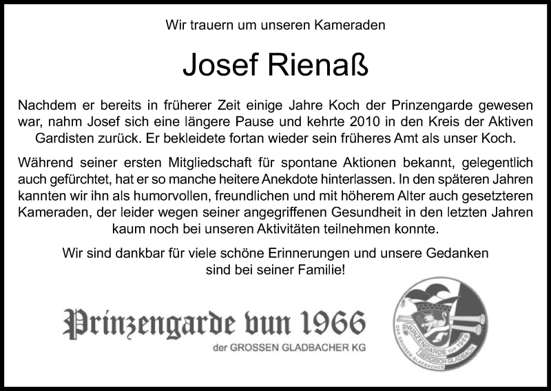  Traueranzeige für Josef Rienaß vom 04.08.2018 aus Kölner Stadt-Anzeiger / Kölnische Rundschau / Express