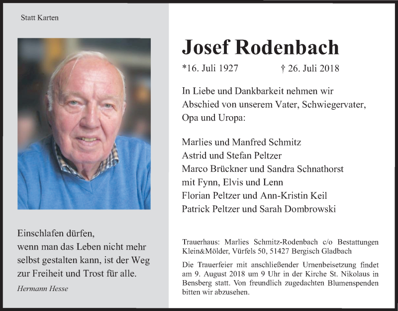  Traueranzeige für Josef Rodenbach vom 04.08.2018 aus Kölner Stadt-Anzeiger / Kölnische Rundschau / Express