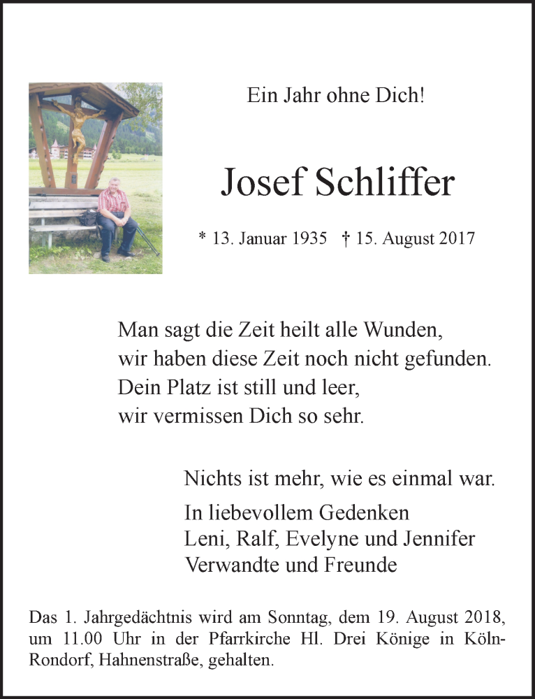 Traueranzeige für Josef Schliffer vom 15.08.2018 aus  Kölner Wochenspiegel 