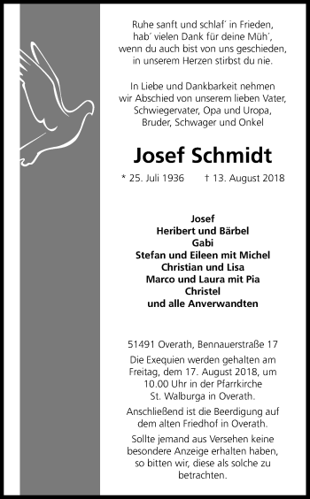 Anzeige von Josef Schmidt von Kölner Stadt-Anzeiger / Kölnische Rundschau / Express