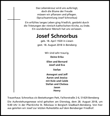Anzeige von Josef Schnorbus von Kölner Stadt-Anzeiger / Kölnische Rundschau / Express