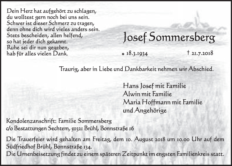  Traueranzeige für Josef Sommersberg vom 08.08.2018 aus  Schlossbote/Werbekurier 