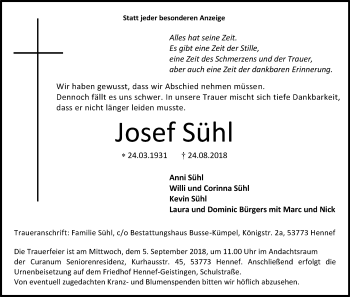 Anzeige von Josef Sühl von Kölner Stadt-Anzeiger / Kölnische Rundschau / Express