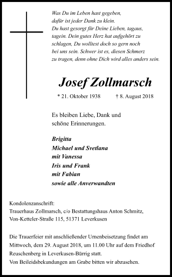Anzeige von Josef Zollmarsch von Kölner Stadt-Anzeiger / Kölnische Rundschau / Express