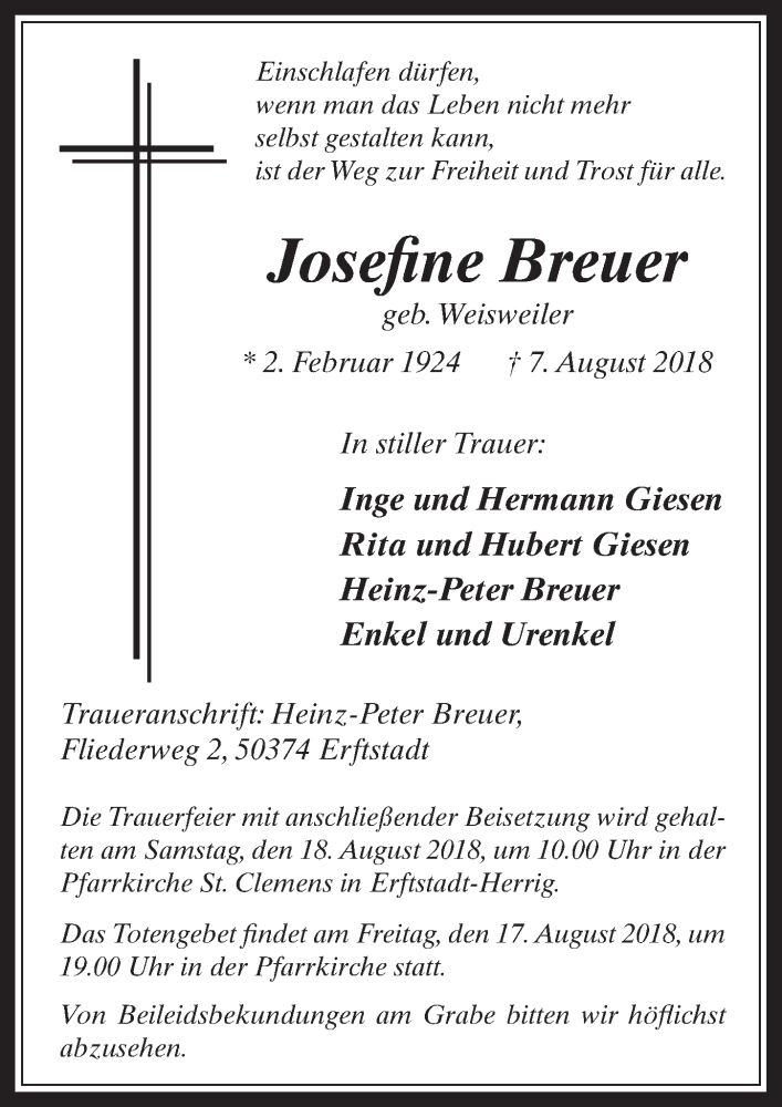  Traueranzeige für Josefine Breuer vom 15.08.2018 aus  Werbepost 