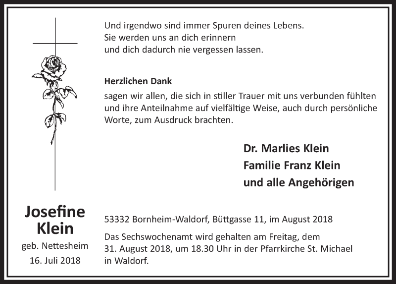  Traueranzeige für Josefine Klein vom 22.08.2018 aus  Schaufenster/Blickpunkt  Schlossbote/Werbekurier 