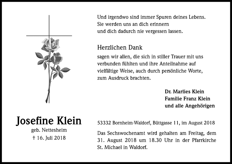  Traueranzeige für Josefine Klein vom 18.08.2018 aus Kölner Stadt-Anzeiger / Kölnische Rundschau / Express