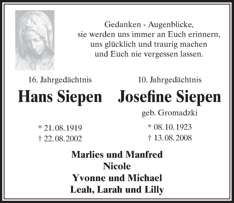  Traueranzeige für Josefine Siepen vom 11.08.2018 aus  Sonntags-Post 