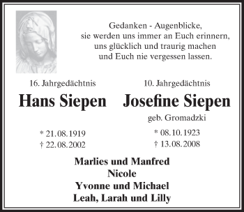 Anzeige von Josefine Siepen von  Sonntags-Post 
