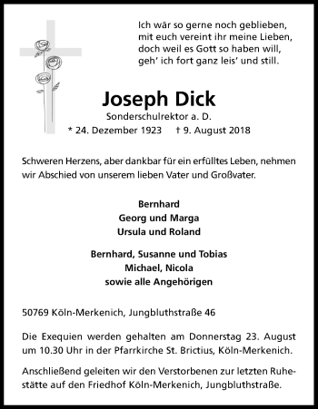 Anzeige von Joseph Dick von Kölner Stadt-Anzeiger / Kölnische Rundschau / Express