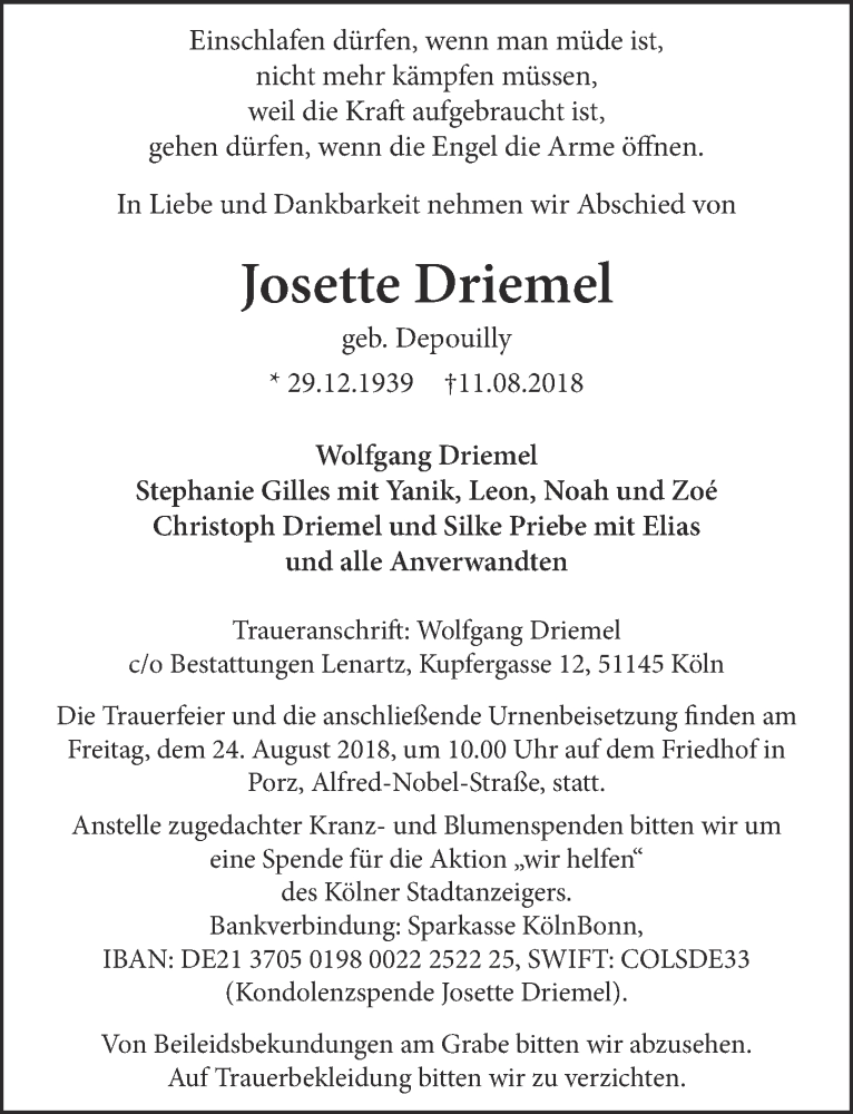  Traueranzeige für Josette Driemel vom 22.08.2018 aus  Kölner Wochenspiegel 