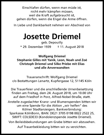 Anzeige von Josette Driemel von Kölner Stadt-Anzeiger / Kölnische Rundschau / Express