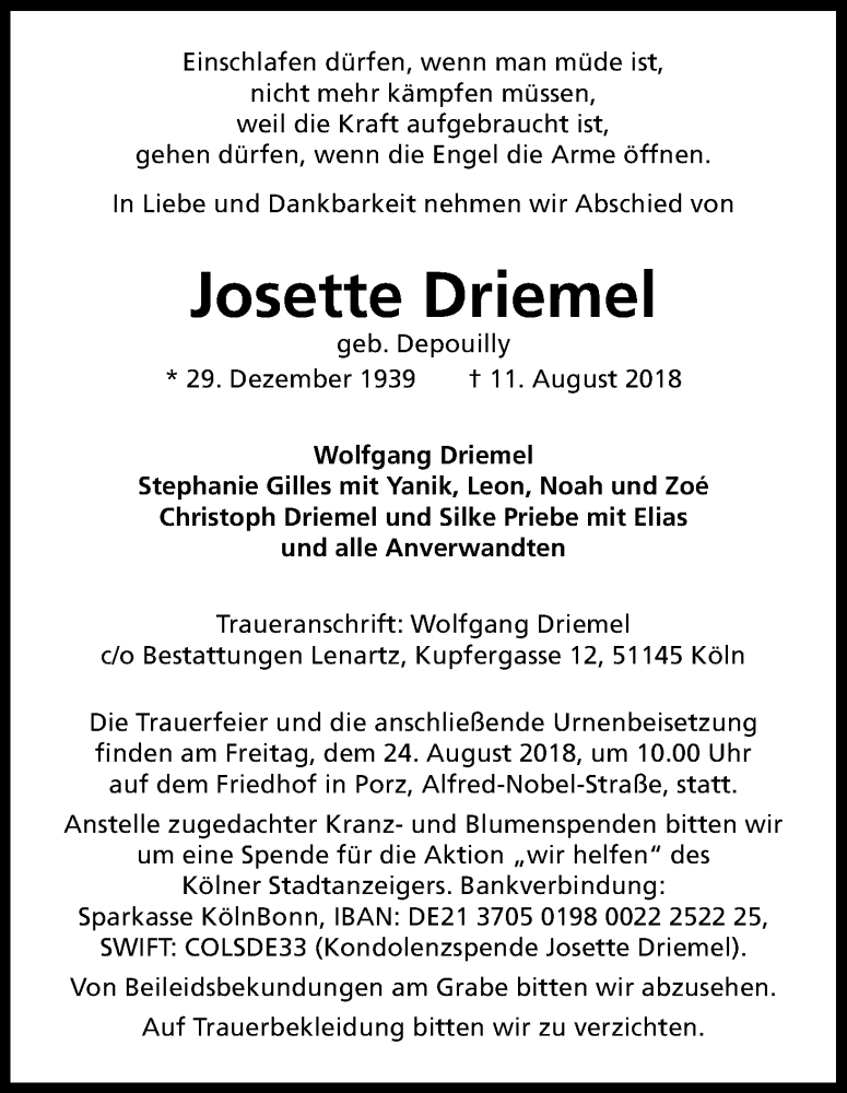  Traueranzeige für Josette Driemel vom 18.08.2018 aus Kölner Stadt-Anzeiger / Kölnische Rundschau / Express