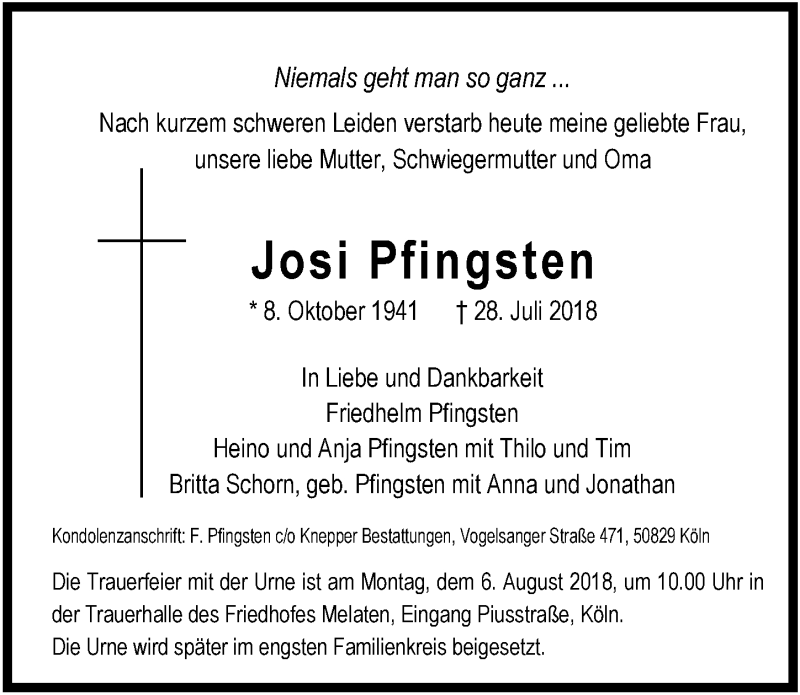  Traueranzeige für Josi Pfingsten vom 04.08.2018 aus  Sonntags-Post 