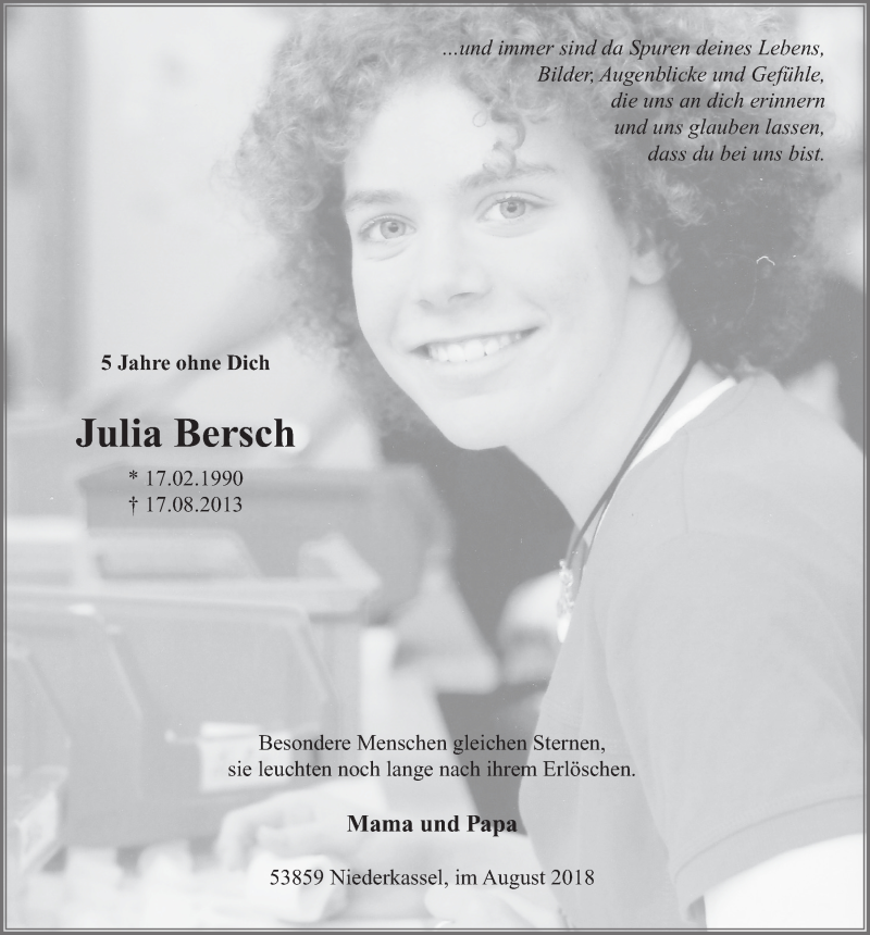  Traueranzeige für Julia Bersch vom 15.08.2018 aus  Extra Blatt 