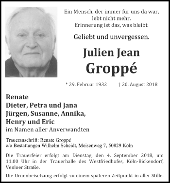 Anzeige von Julien Jean Groppé von Kölner Stadt-Anzeiger / Kölnische Rundschau / Express