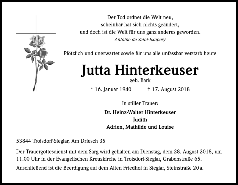  Traueranzeige für Jutta Hinterkeuser vom 25.08.2018 aus Kölner Stadt-Anzeiger / Kölnische Rundschau / Express