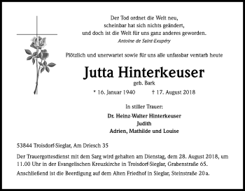 Anzeige von Jutta Hinterkeuser von Kölner Stadt-Anzeiger / Kölnische Rundschau / Express