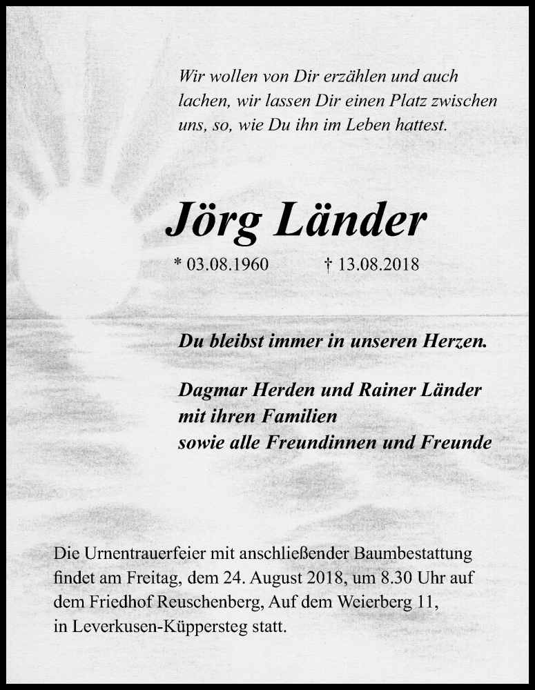  Traueranzeige für Jörg Länder vom 18.08.2018 aus Kölner Stadt-Anzeiger / Kölnische Rundschau / Express
