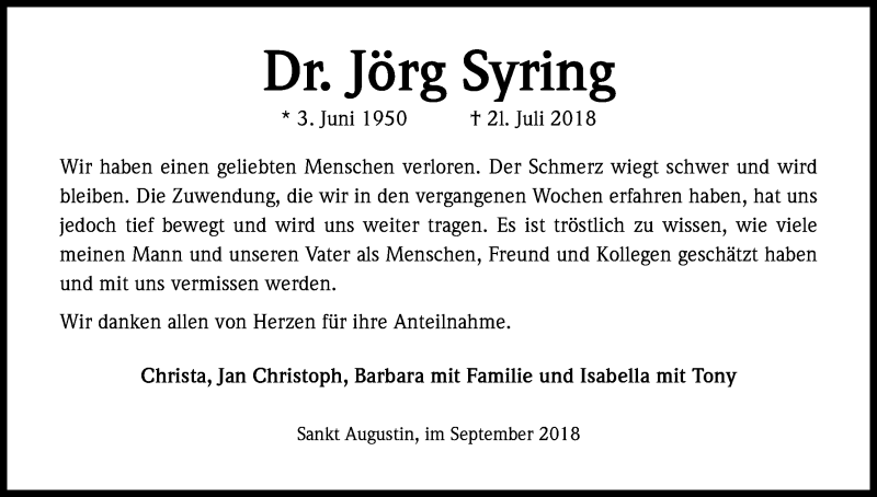  Traueranzeige für Jörg Syring vom 01.09.2018 aus Kölner Stadt-Anzeiger / Kölnische Rundschau / Express