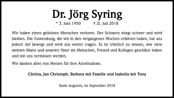 Anzeige von Jörg Syring von Kölner Stadt-Anzeiger / Kölnische Rundschau / Express