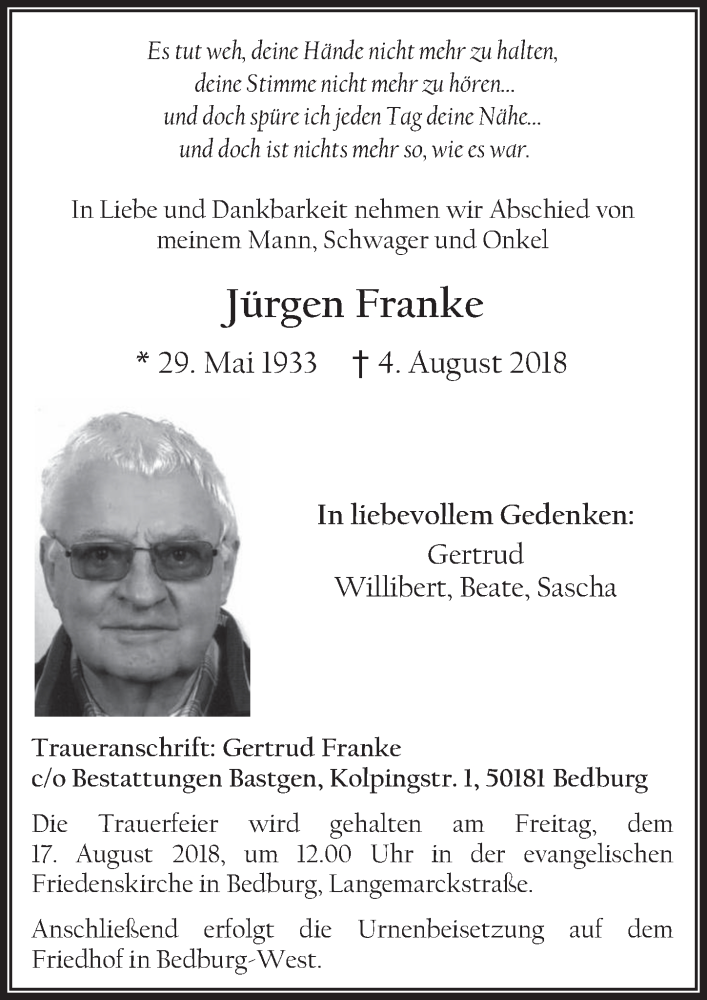  Traueranzeige für Jürgen Franke vom 15.08.2018 aus  Werbepost 