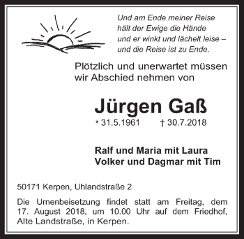 Anzeige von Jürgen Gaß von  Werbepost 
