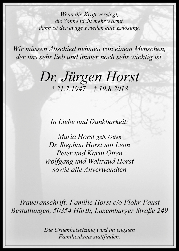  Traueranzeige für Jürgen Horst vom 22.08.2018 aus Kölner Stadt-Anzeiger / Kölnische Rundschau / Express