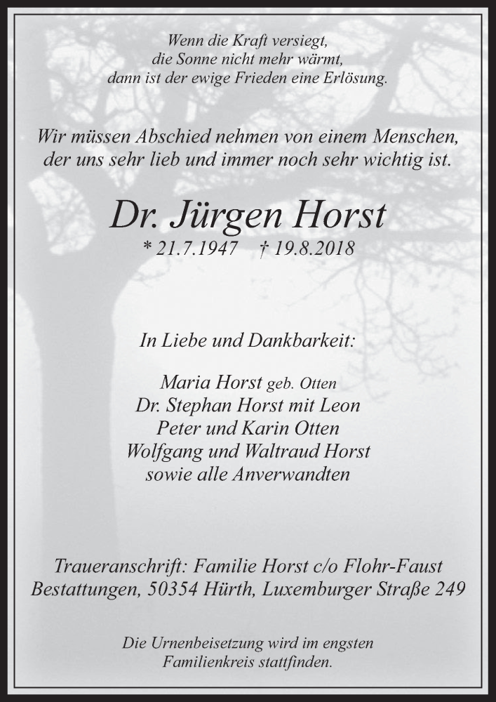  Traueranzeige für Jürgen Horst vom 22.08.2018 aus  Wochenende 