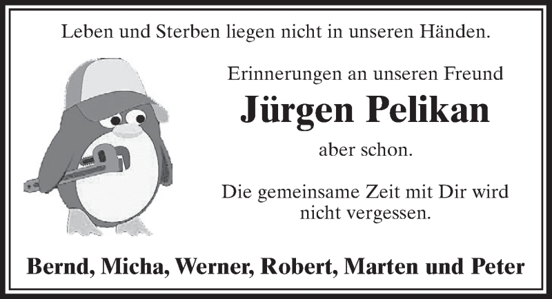  Traueranzeige für Jürgen Pelikan vom 04.08.2018 aus  Sonntags-Post 