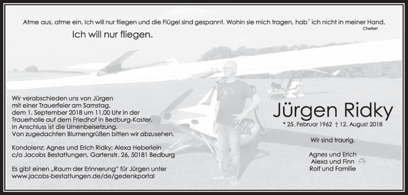  Traueranzeige für Jürgen Ridky vom 25.08.2018 aus  Sonntags-Post 