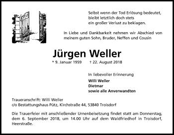 Anzeige von Jürgen Weller von Kölner Stadt-Anzeiger / Kölnische Rundschau / Express