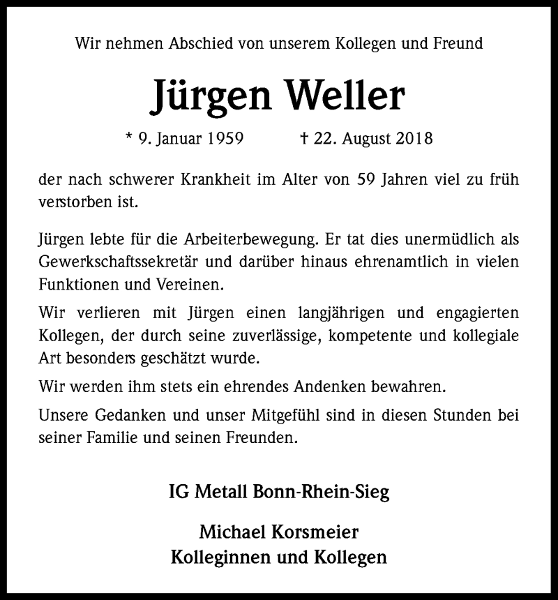  Traueranzeige für Jürgen Weller vom 01.09.2018 aus Kölner Stadt-Anzeiger / Kölnische Rundschau / Express