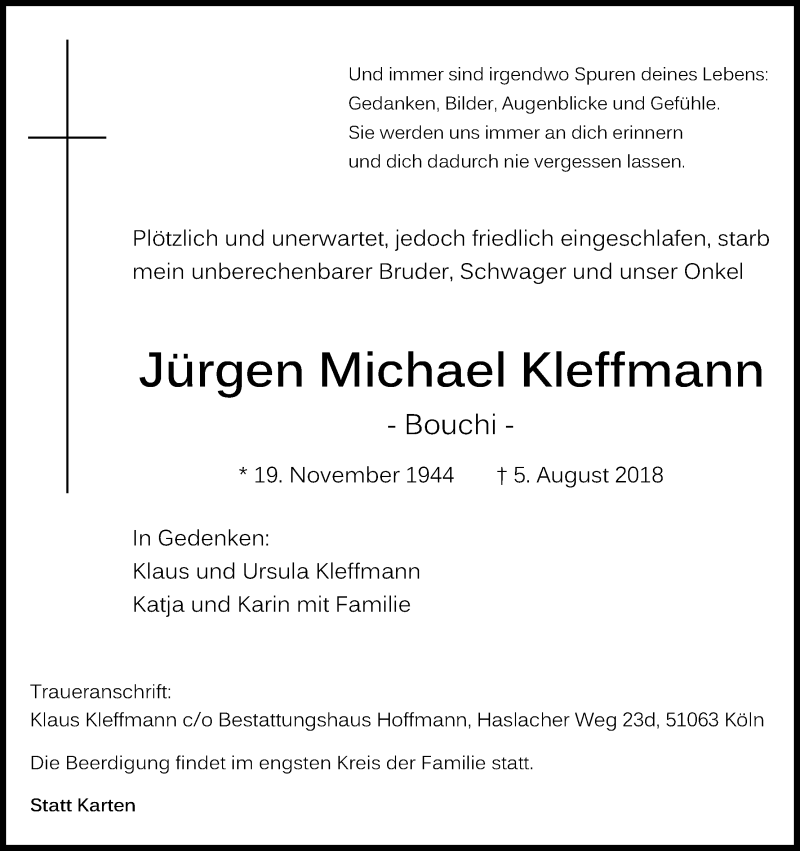  Traueranzeige für Jürgen Michael Kleffmann vom 01.09.2018 aus Kölner Stadt-Anzeiger / Kölnische Rundschau / Express