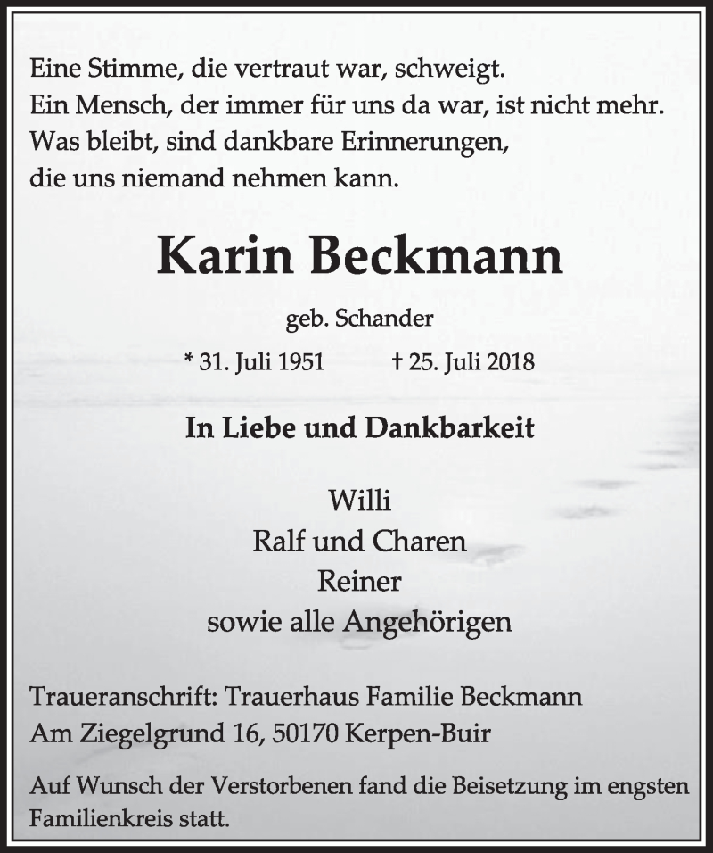  Traueranzeige für Karin Beckmann vom 11.08.2018 aus  Sonntags-Post 