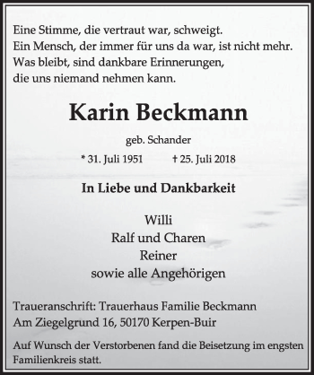 Anzeige von Karin Beckmann von  Sonntags-Post 