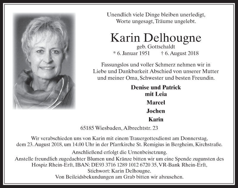  Traueranzeige für Karin Delhougne vom 15.08.2018 aus  Werbepost 