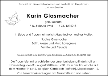 Anzeige von Karin Glasmacher von Kölner Stadt-Anzeiger / Kölnische Rundschau / Express