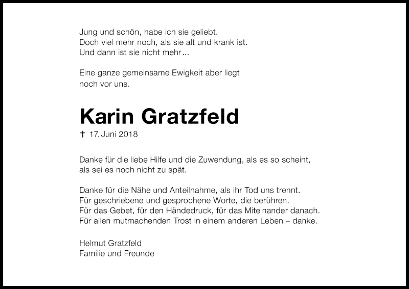  Traueranzeige für Karin Gratzfeld vom 18.08.2018 aus Kölner Stadt-Anzeiger / Kölnische Rundschau / Express