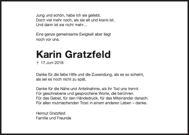  Traueranzeige für Karin Gratzfeld vom 22.08.2018 aus  Schlossbote/Werbekurier 